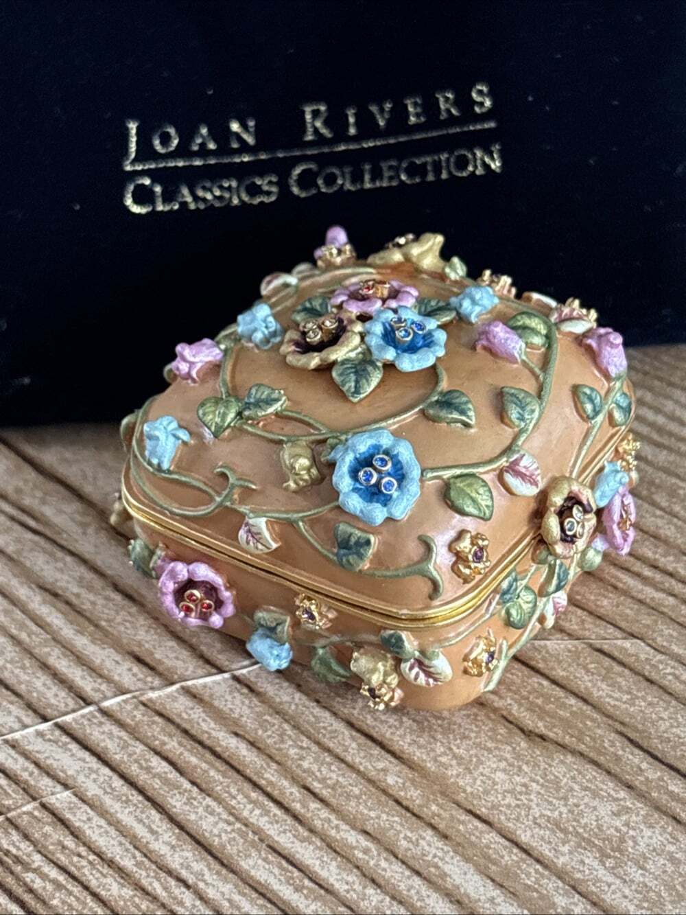 Joan Rivers Small Orange brown Square Floral Trinket Box Metal